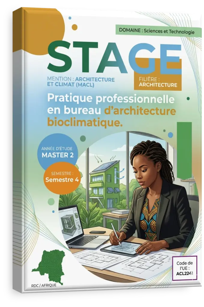 Étudiant en stage travaillant sur un plan de conception environnementale pour un bâtiment en RDC.