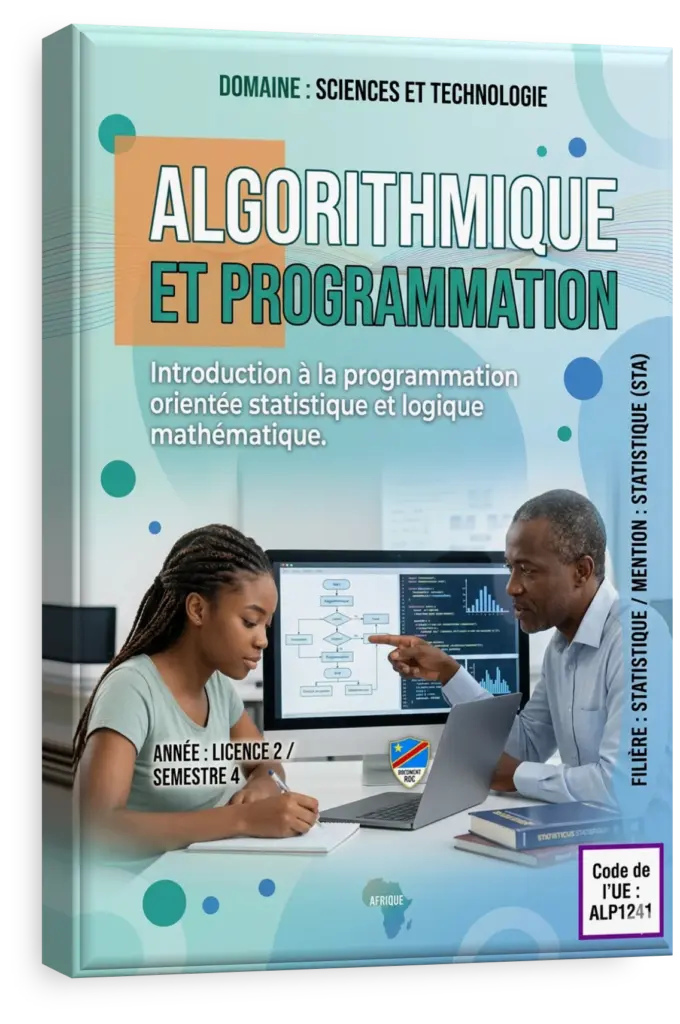 Étudiant en RDC suivant un cours d'algorithmique et programmation sur son ordinateur.