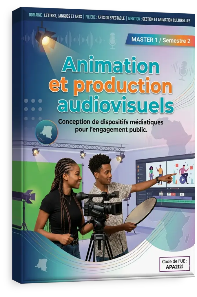 Étudiants en animation et production audiovisuelle travaillant en studio en RDC.