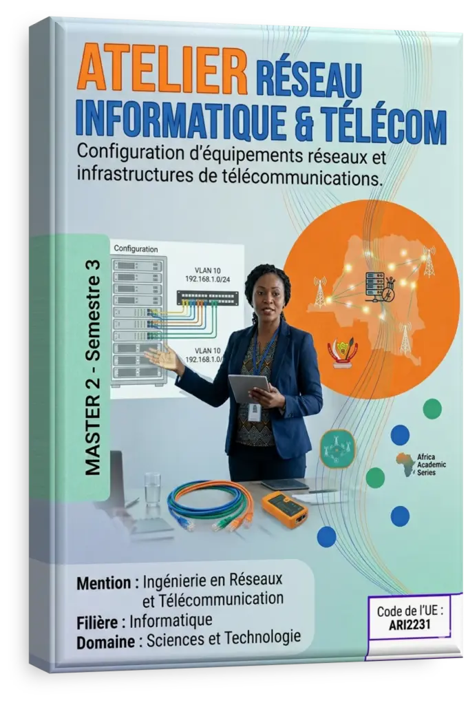 Étudiants en RDC travaillant sur des équipements de réseau informatique et télécom.