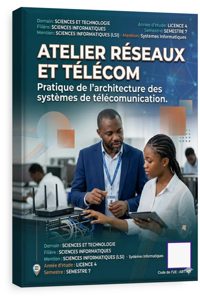 Étudiants en télécommunications travaillant sur des équipements réseau dans un laboratoire en RDC.