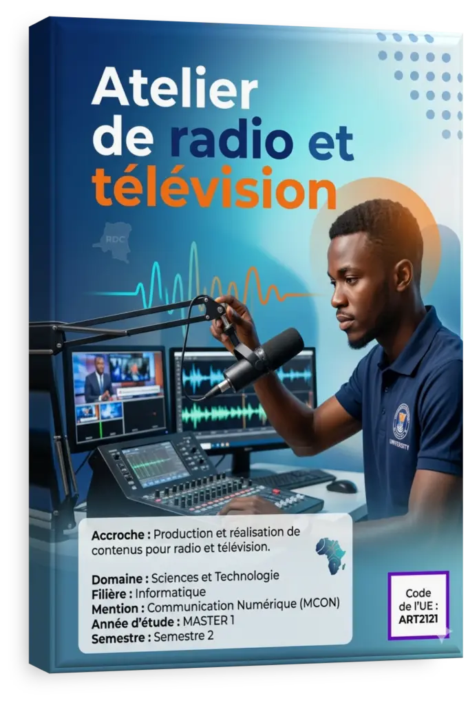 Étudiants en atelier de radio et télévision dans un studio professionnel en RDC.