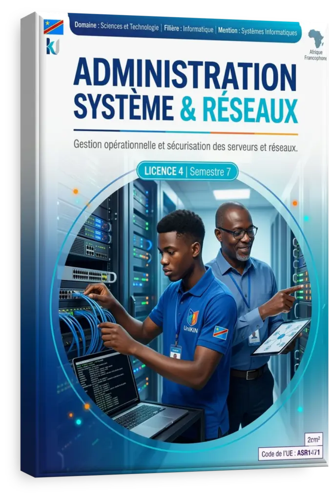 Salle de serveurs moderne illustrant le cours d'Administration Système et Réseaux.