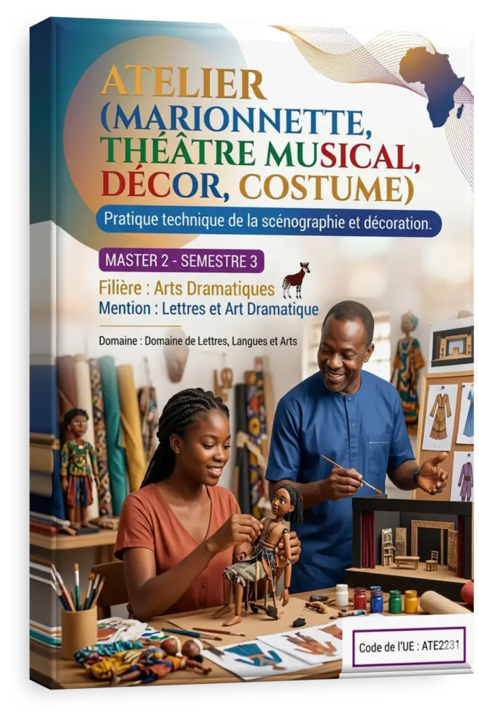 Étudiants en arts de la scène créant des marionnettes et des décors dans un atelier universitaire en RDC.