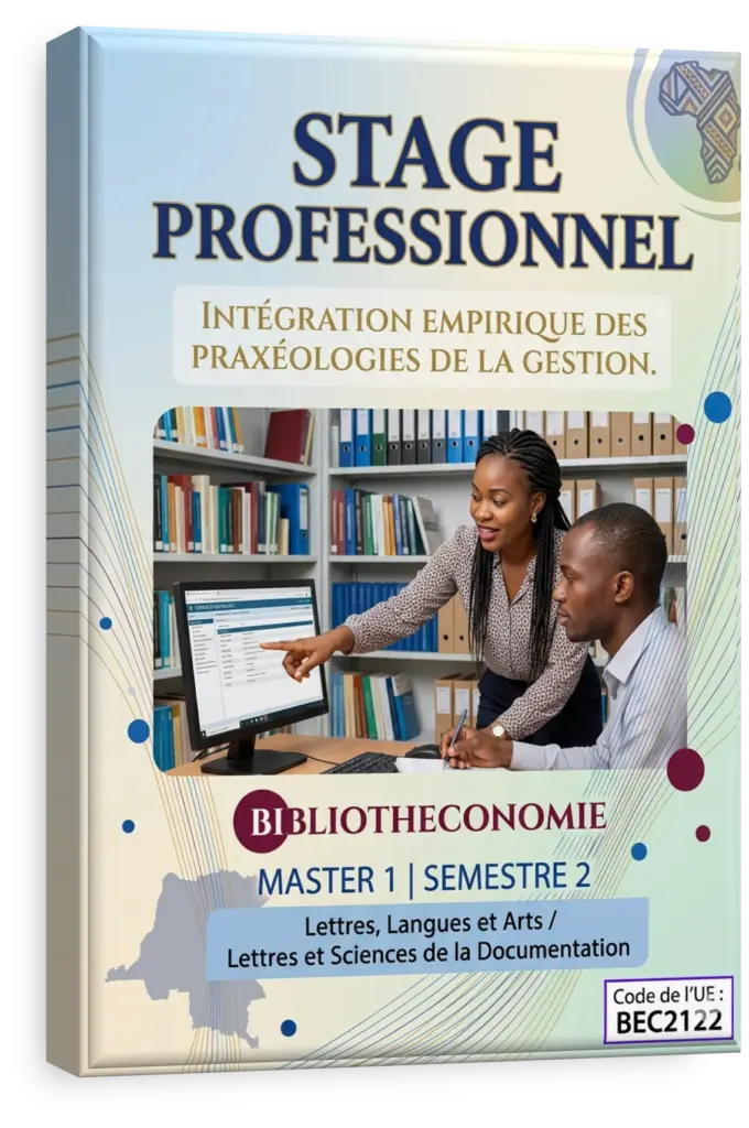 Étudiant en stage dans une bibliothèque en RDC, analysant des documents.