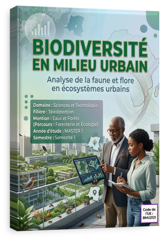 Espace vert luxuriant dans une ville de la RDC avec des bâtiments en arrière-plan.