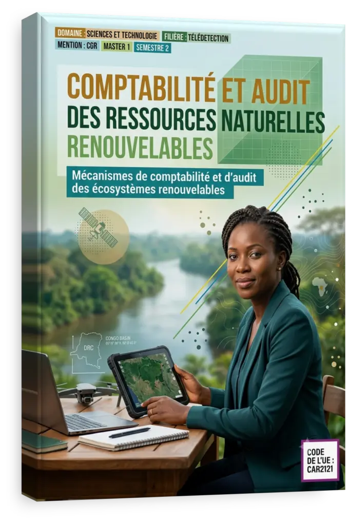 Forêt du bassin du Congo avec des icônes de données symbolisant l'audit des ressources naturelles.