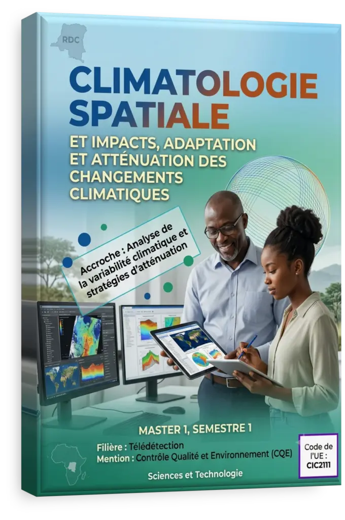 Vue satellite du bassin du Congo avec superposition de données climatiques.