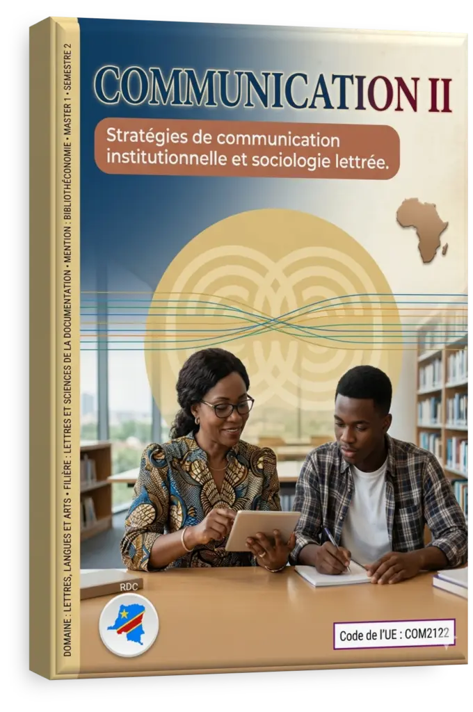 Étudiants en communication dans une bibliothèque en RDC.