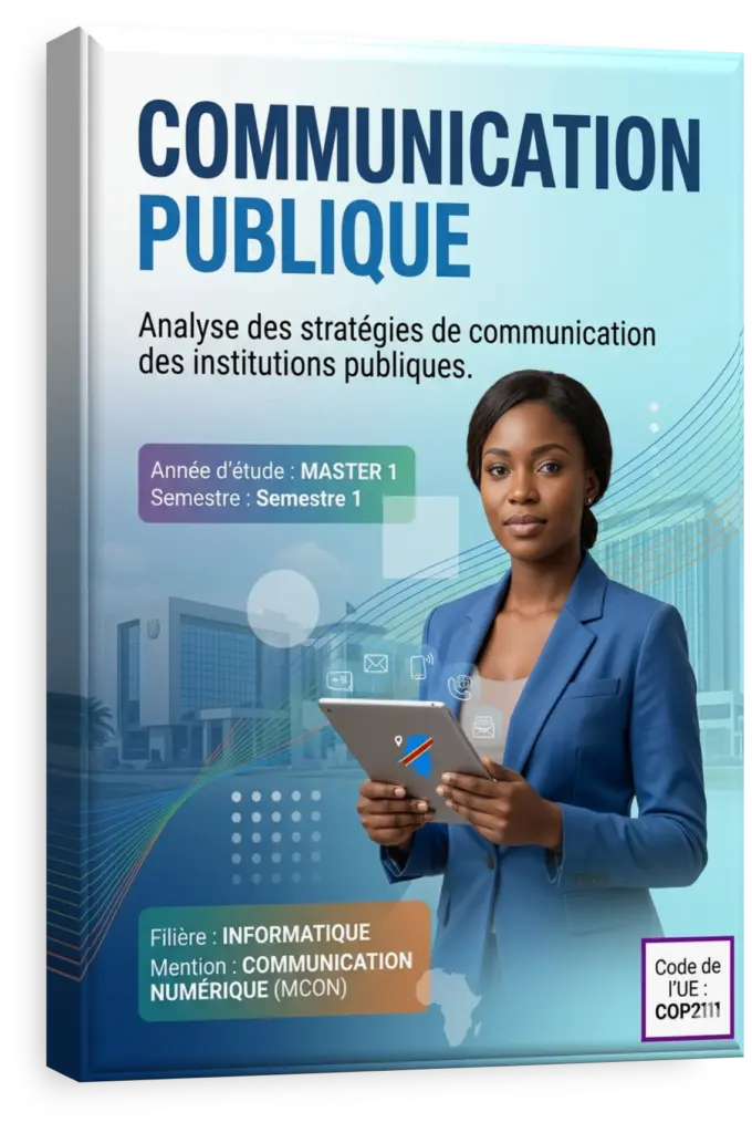 Étudiants en communication publique en RDC collaborant sur un projet de service public numérique.