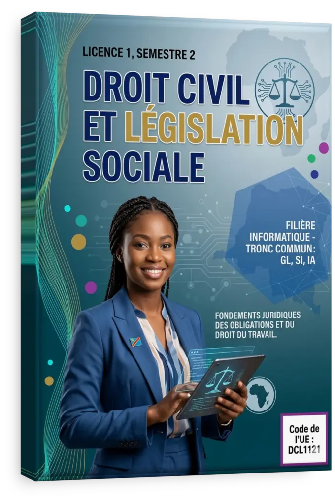 Balance de la justice et icônes technologiques sur fond de la carte de la RDC.