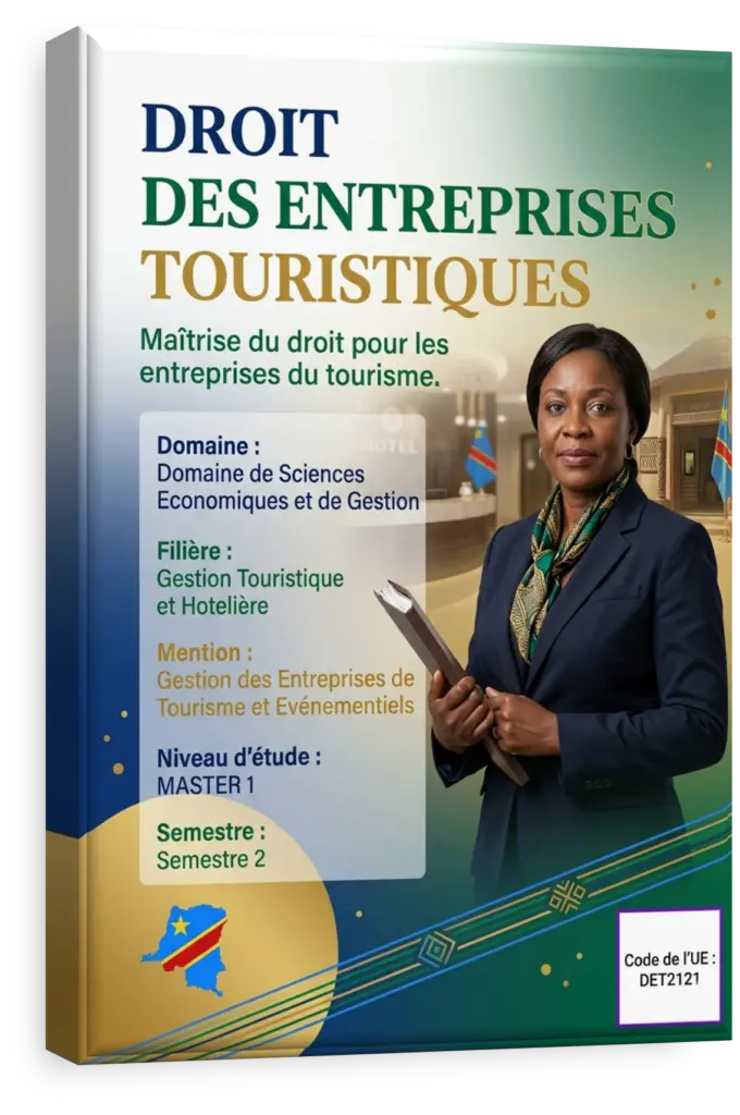 Livre de droit et marteau de juge symbolisant le droit des entreprises touristiques en RDC.