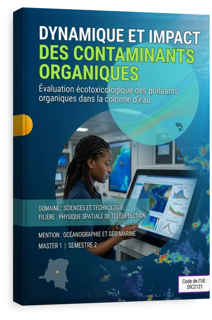 Image satellite du fleuve Congo avec superposition de données sur les contaminants organiques.