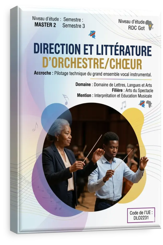 Chef d'orchestre dirigeant un orchestre et un chœur.