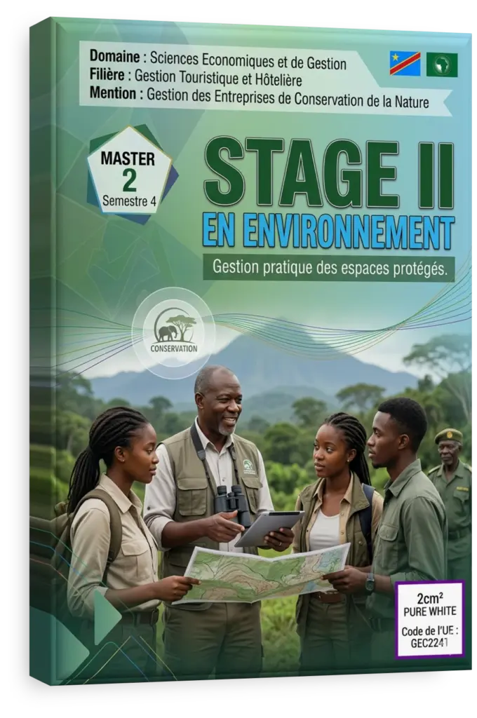 Étudiant en stage environnement en RDC observant la faune dans un parc national.