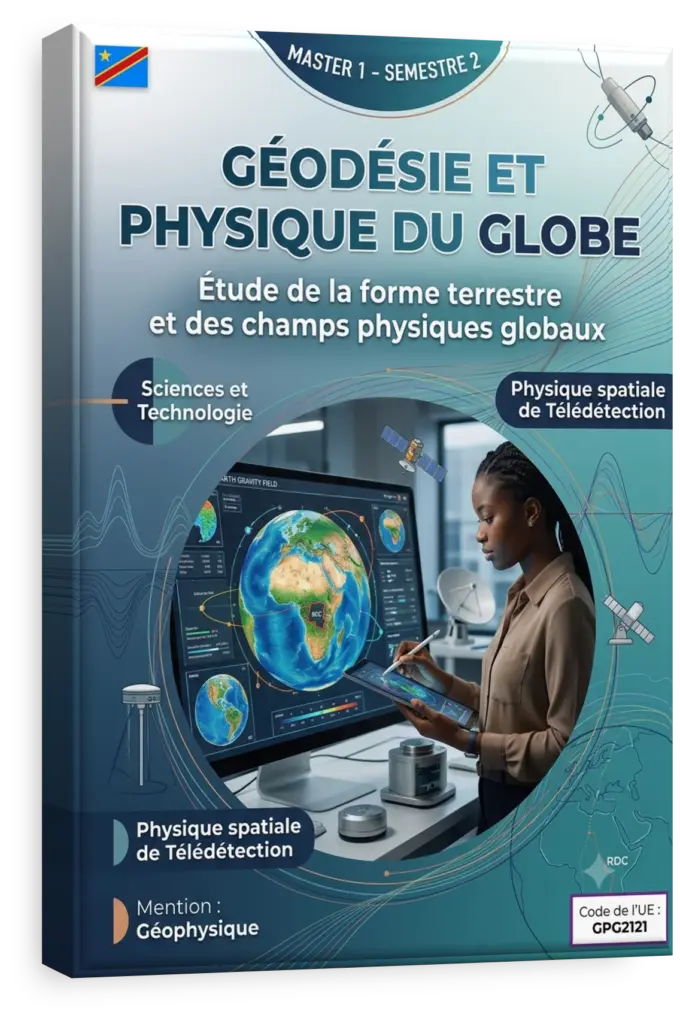 Image satellite de la RDC avec superposition de données géospatiales pour un cours de géodésie.