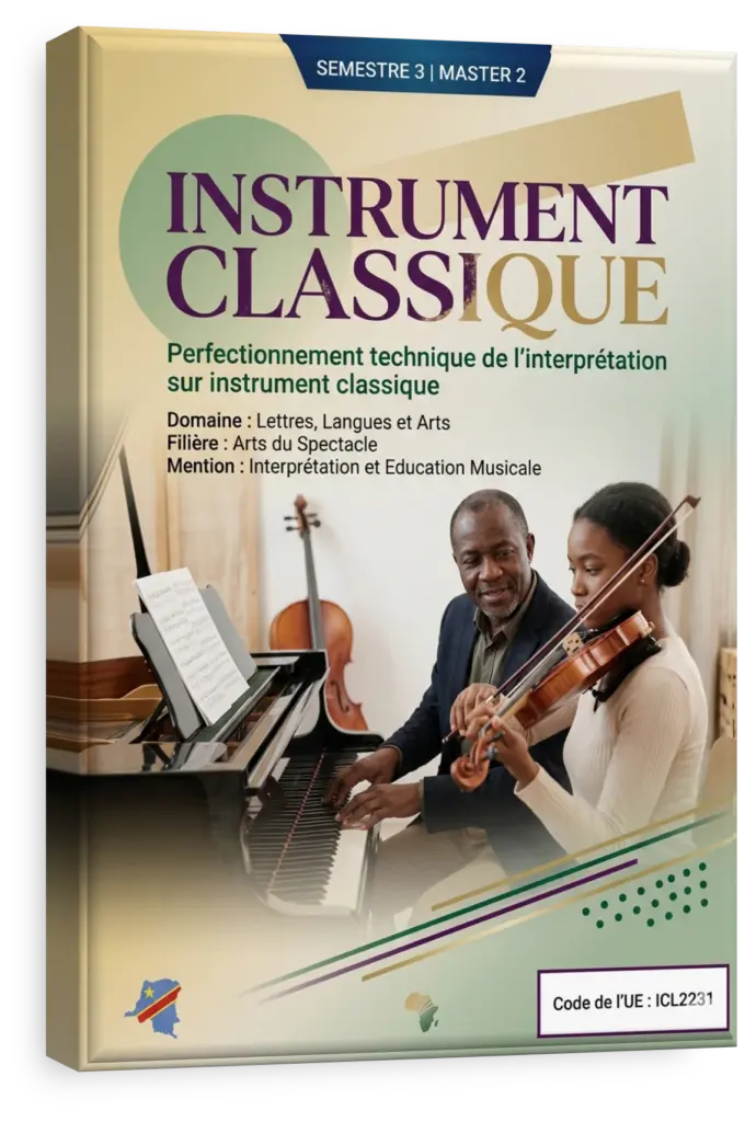 Étudiant jouant d'un instrument de musique classique dans une salle de cours.