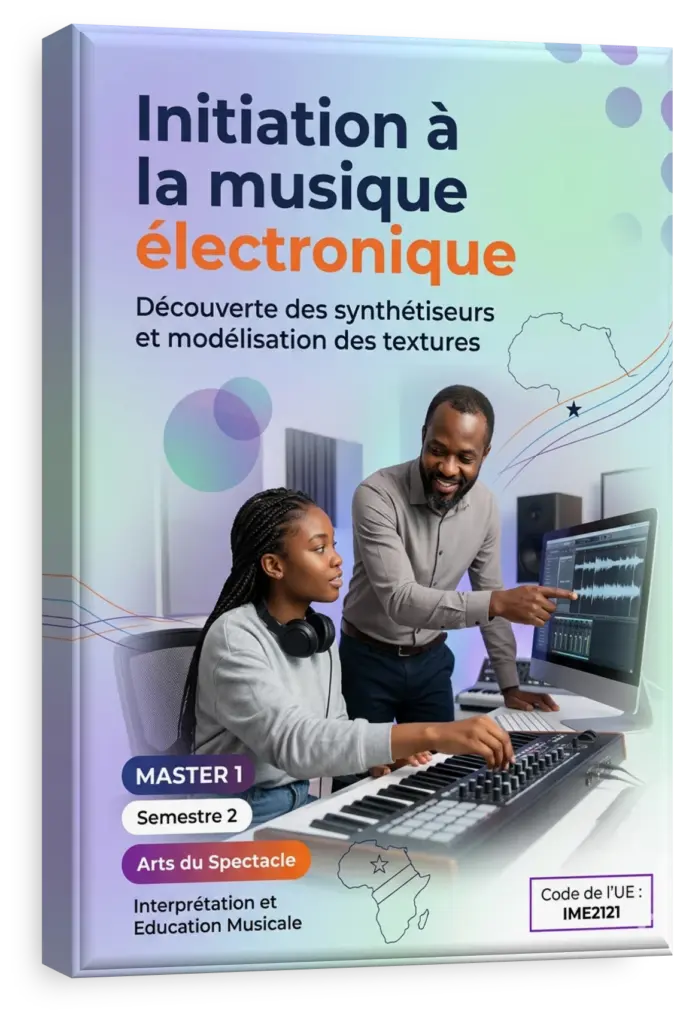 Étudiant en musique électronique manipulant un synthétiseur dans un studio en RDC.