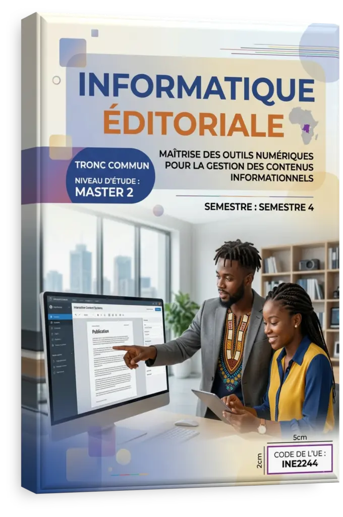 Étudiant en informatique éditoriale en RDC utilisant un logiciel de mise en page.