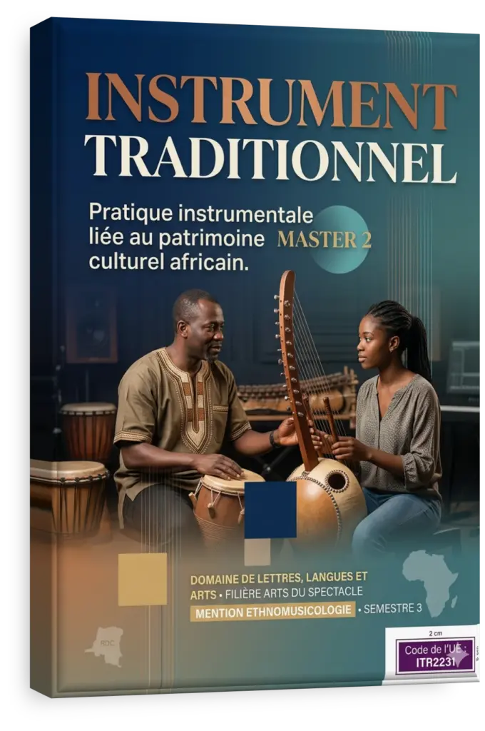 Étudiant manipulant une table de mixage avec un instrument traditionnel congolais au premier plan.