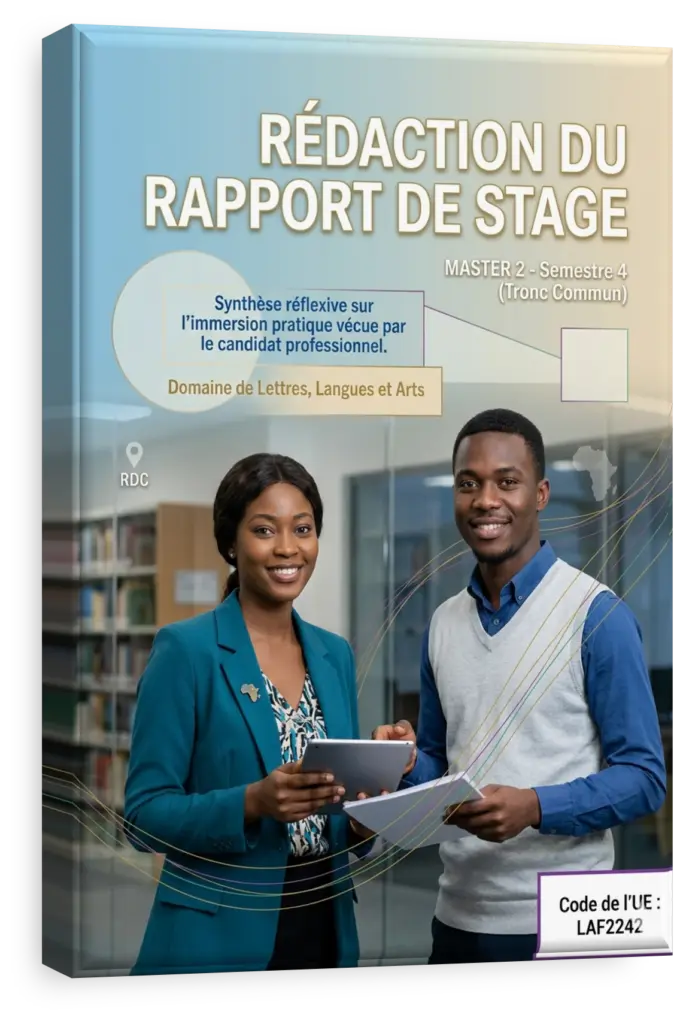 Étudiant congolais rédigeant son rapport de stage universitaire.