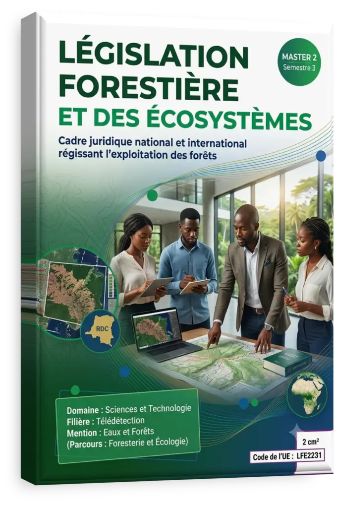 Livre de loi symbolisant la législation forestière devant la forêt du bassin du Congo.