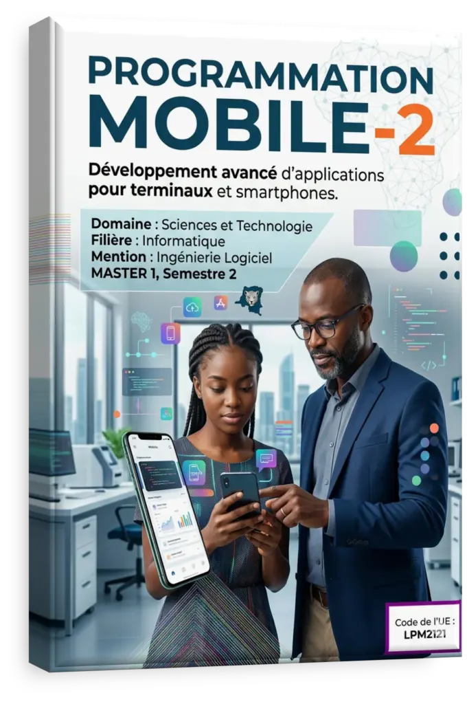 Diagramme d'architecture logicielle mobile à côté d'un smartphone.
