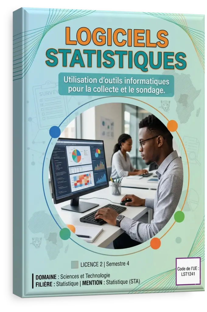 Étudiant en RDC utilisant un logiciel statistique sur un ordinateur pour l'analyse de données.