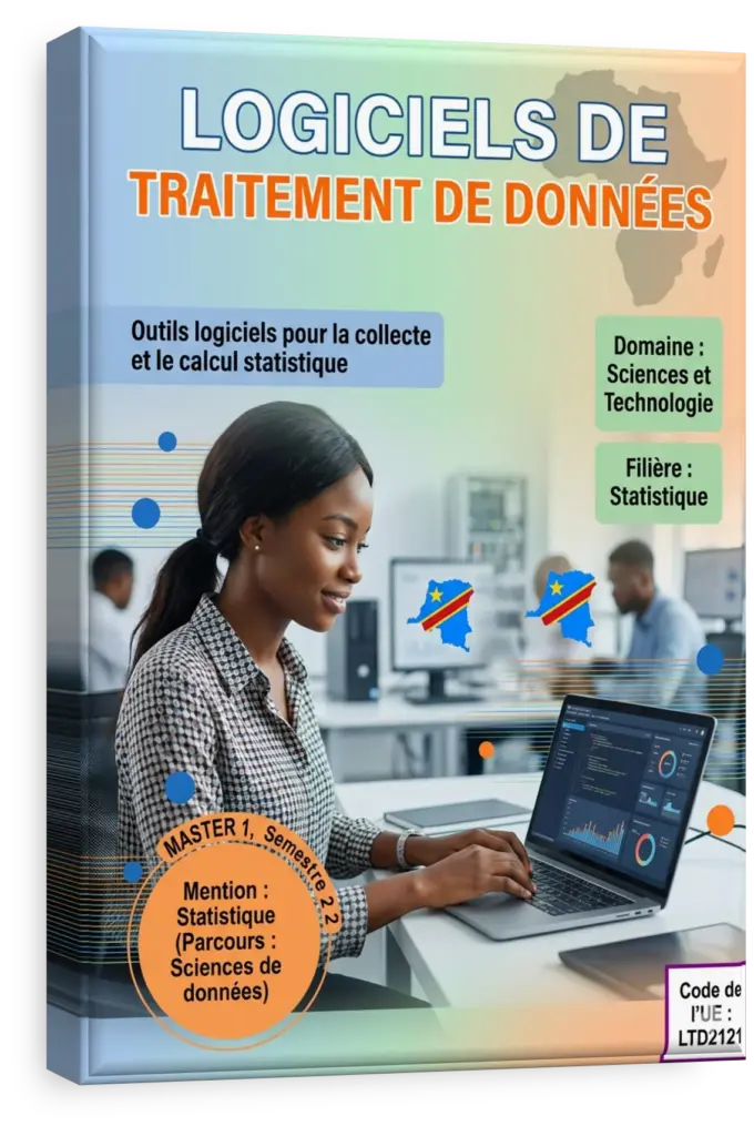 Étudiant en RDC utilisant un logiciel de traitement de données sur un ordinateur.
