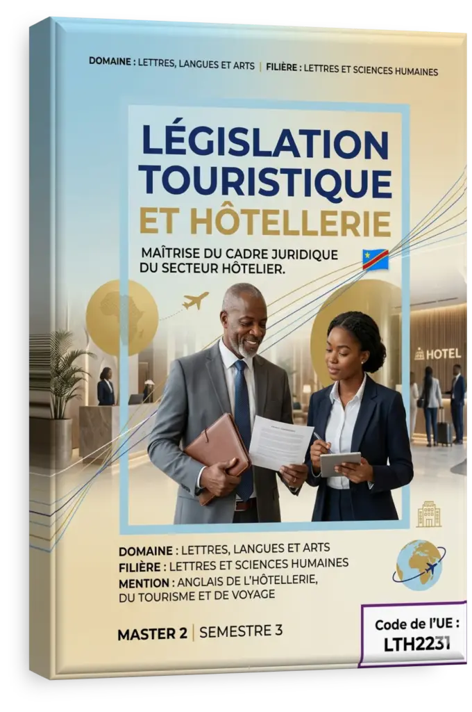 Livre de droit et marteau de juge devant un hôtel de luxe en RDC.