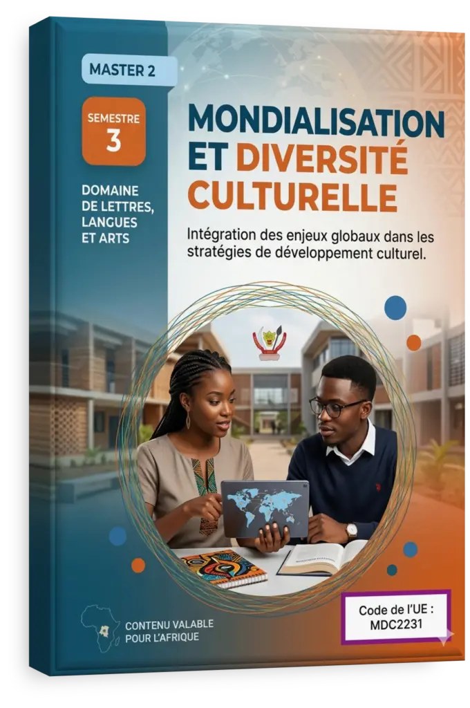 Carte de la RDC entourée de symboles culturels locaux et mondiaux.