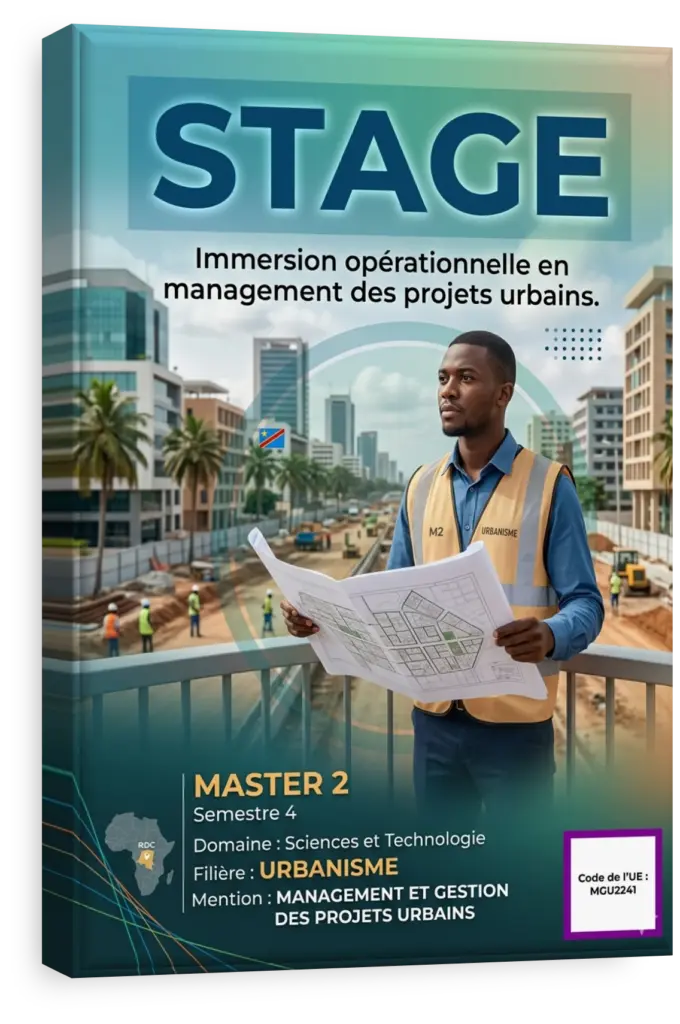 Étudiants en stage analysant un plan de projet d'aménagement urbain en République Démocratique du Congo.