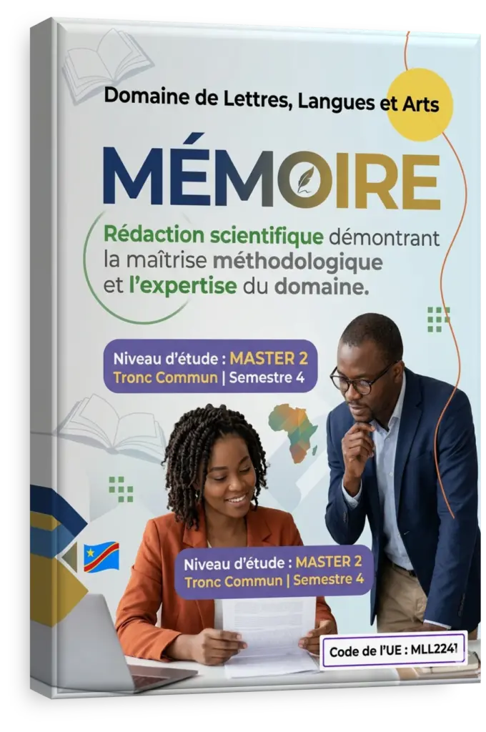 Étudiant en RDC rédigeant son mémoire de recherche sur des manuscrits anciens.