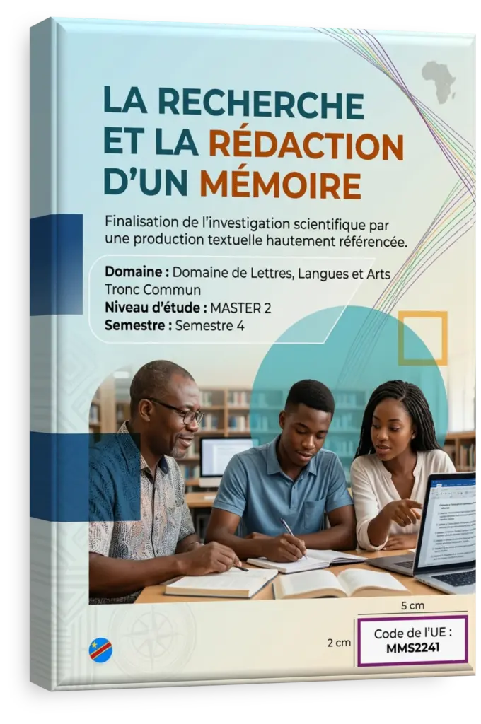 Étudiant en arts rédigeant son mémoire dans une bibliothèque universitaire en RDC.