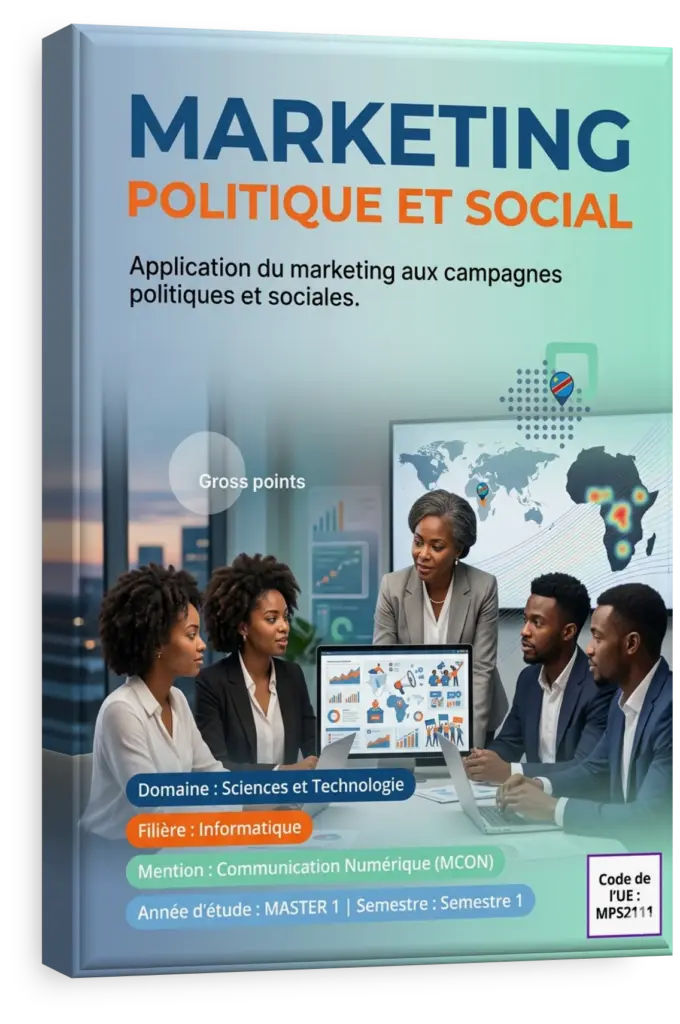 Étudiants en RDC analysant des données pour une campagne de marketing politique et social.