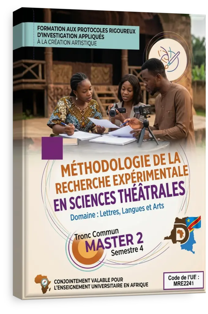 Scène de théâtre avec des notes de recherche et des schémas sur un tableau noir.