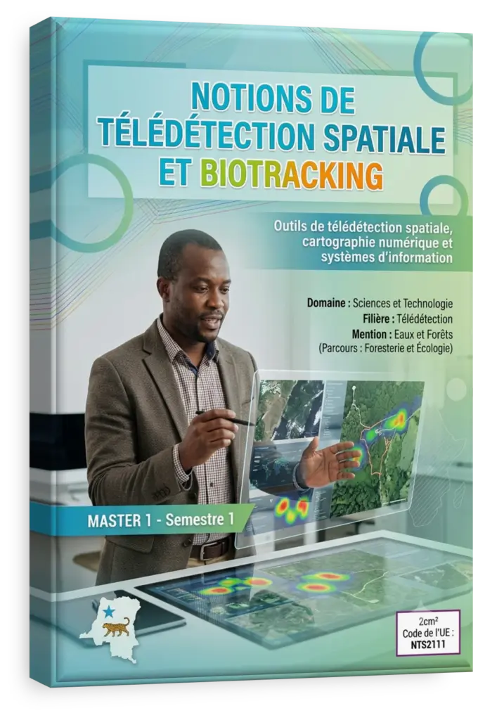 Image satellite de la forêt congolaise avec des points de données de biotracking.