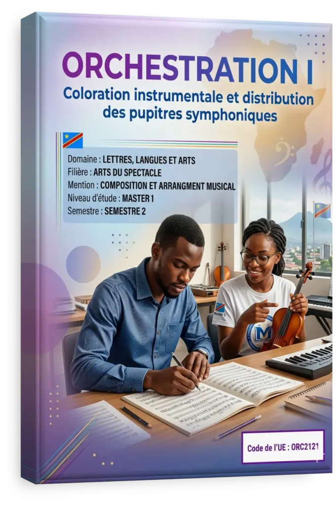 Partition d'orchestration détaillée avec notations pour divers instruments.