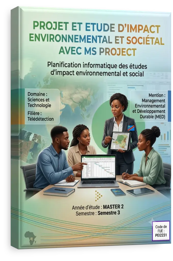 Étudiant utilisant MS Project pour un projet d'étude d'impact environnemental en RDC.