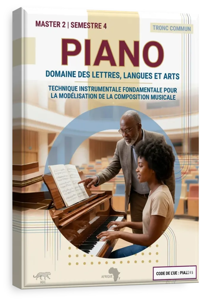 Étudiant en RDC jouant une pièce complexe sur un piano à queue dans une salle de concert universitaire.