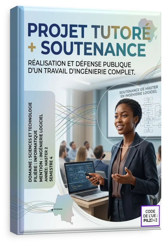 Étudiants en ingénierie présentant leur projet tutoré à un jury en République Démocratique du Congo.