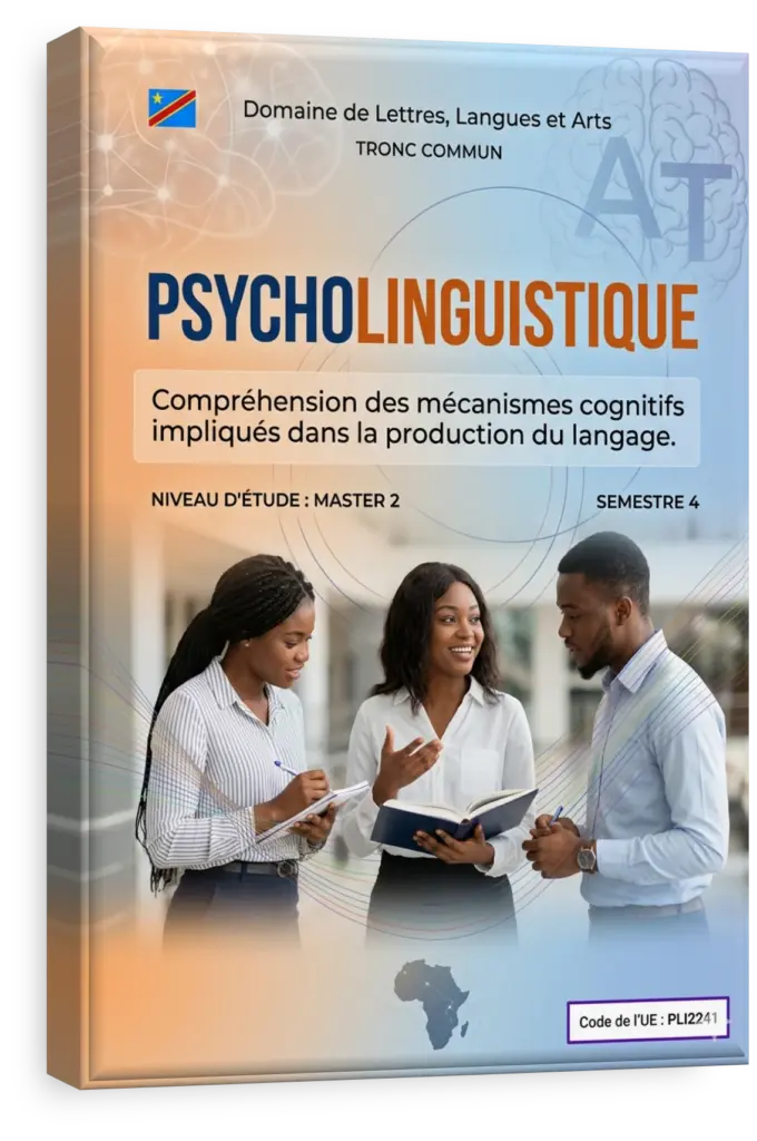 Illustration conceptuelle de la psycholinguistique avec un cerveau et des symboles linguistiques.