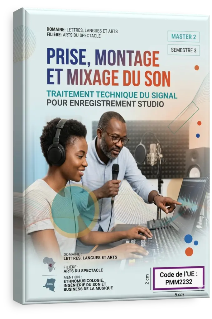Étudiant manipulant une console de mixage audio dans un studio professionnel.
