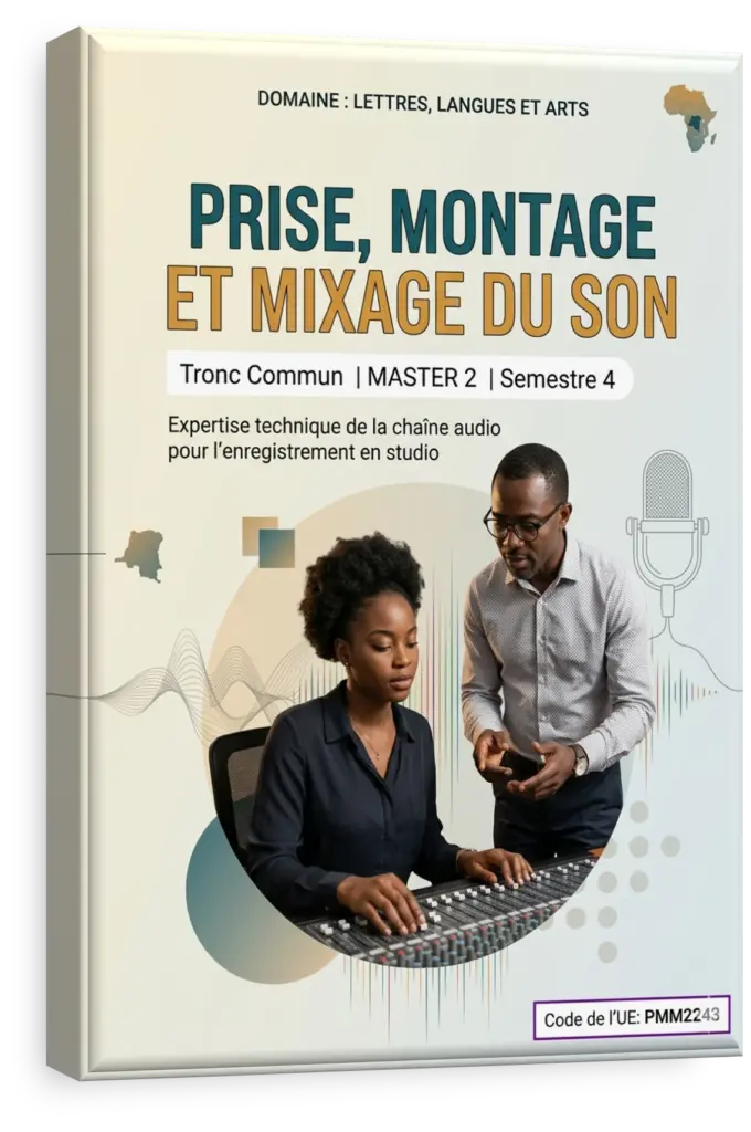 Étudiant manipulant une console de mixage audio dans un studio d'enregistrement.