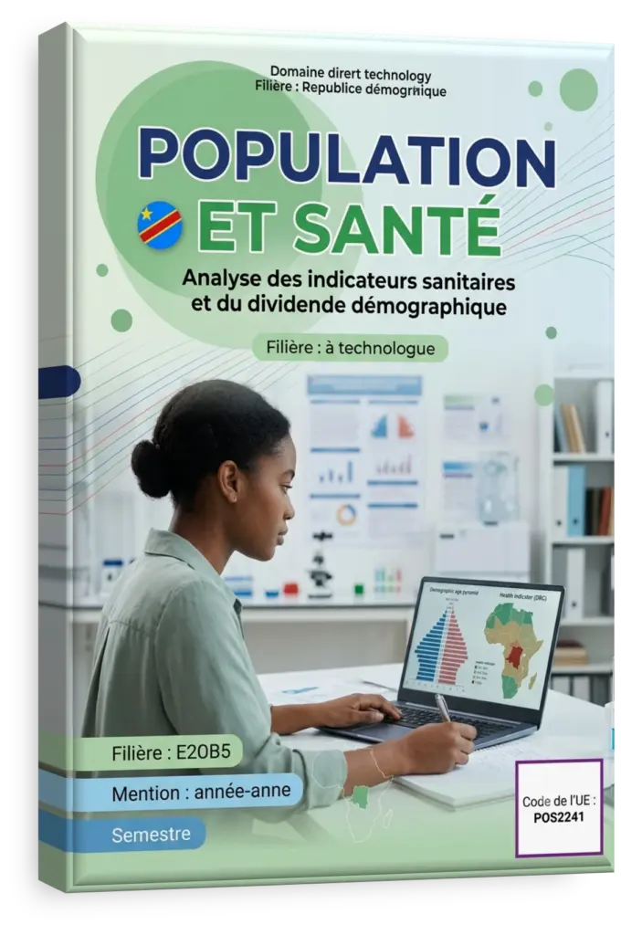 Carte de la RDC avec des graphiques de croissance démographique et des icônes de santé.