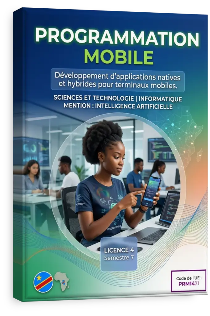 Étudiant en RDC développant une application sur un smartphone.
