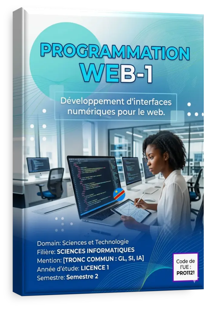 Étudiant en RDC suivant le cours de programmation web sur un ordinateur portable affichant du code HTML et CSS.