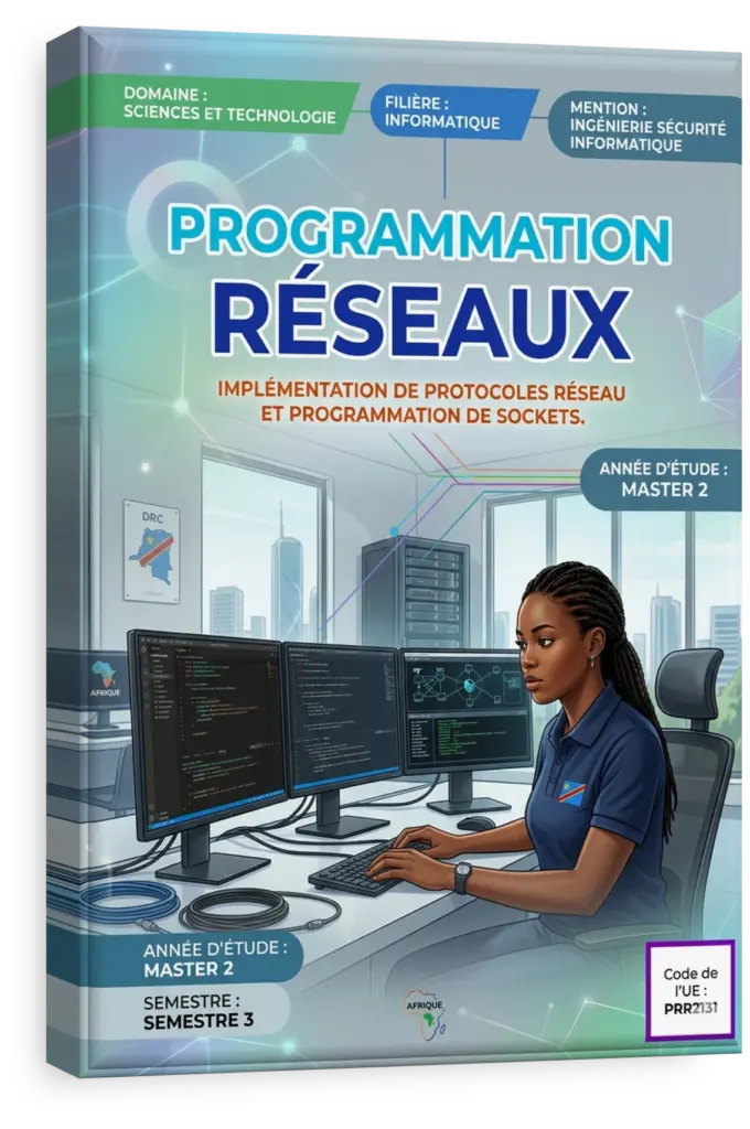 Schéma de communication réseau avec des icônes de code C et Python.