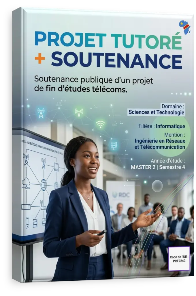 Étudiant présentant son projet d'architecture réseau lors d'une soutenance en RDC.