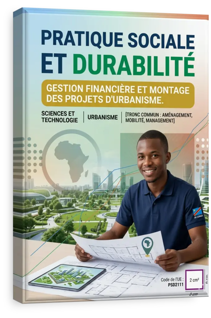Plan d'aménagement urbain durable pour une ville de la RDC avec des icônes de durabilité.